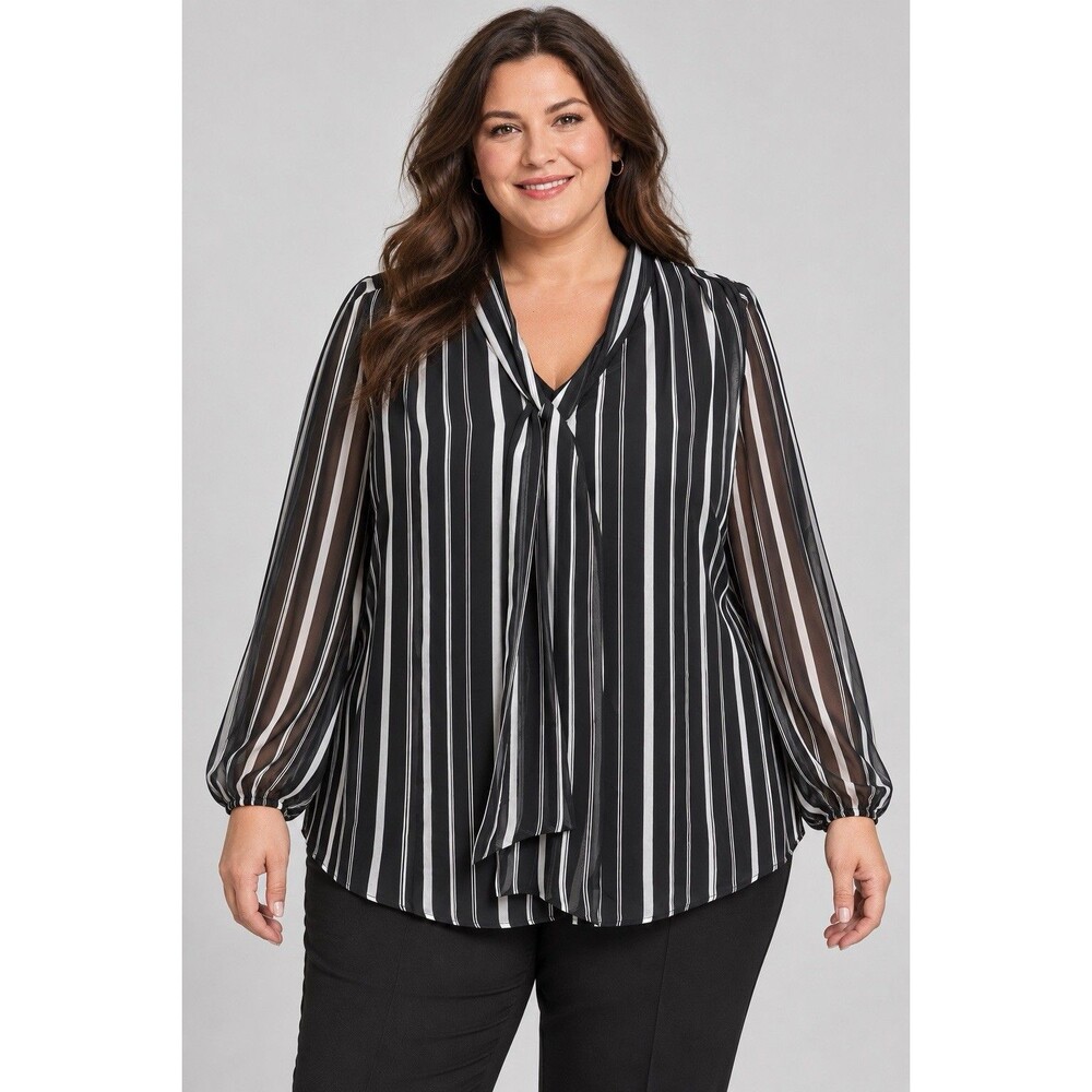 Lane Bryant Blouse Women's 20 Black White Striped Tie Neck Long Sleeve Workwear